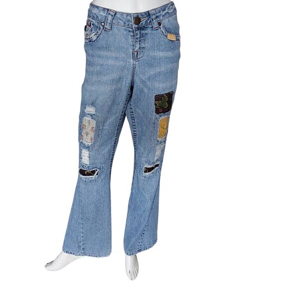 CACHE Distressed Boho Hippie Patch Boot Flare Jeans Size 10 - Picture 2 of 8
